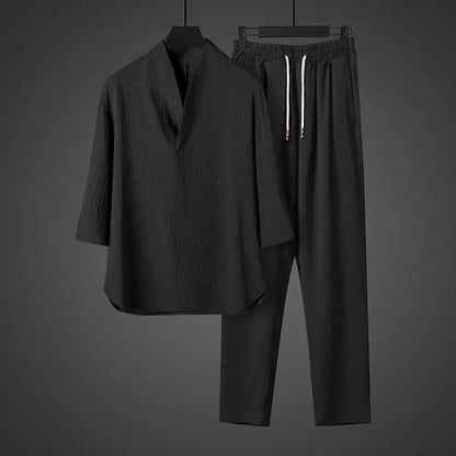 Ice Silk Loose Fit Short Sleeve Men's T-Shirt Set Chinese Style Summer Lightweight Big Size Tang Suit Two Piece Set - Ellianto fashion Men's