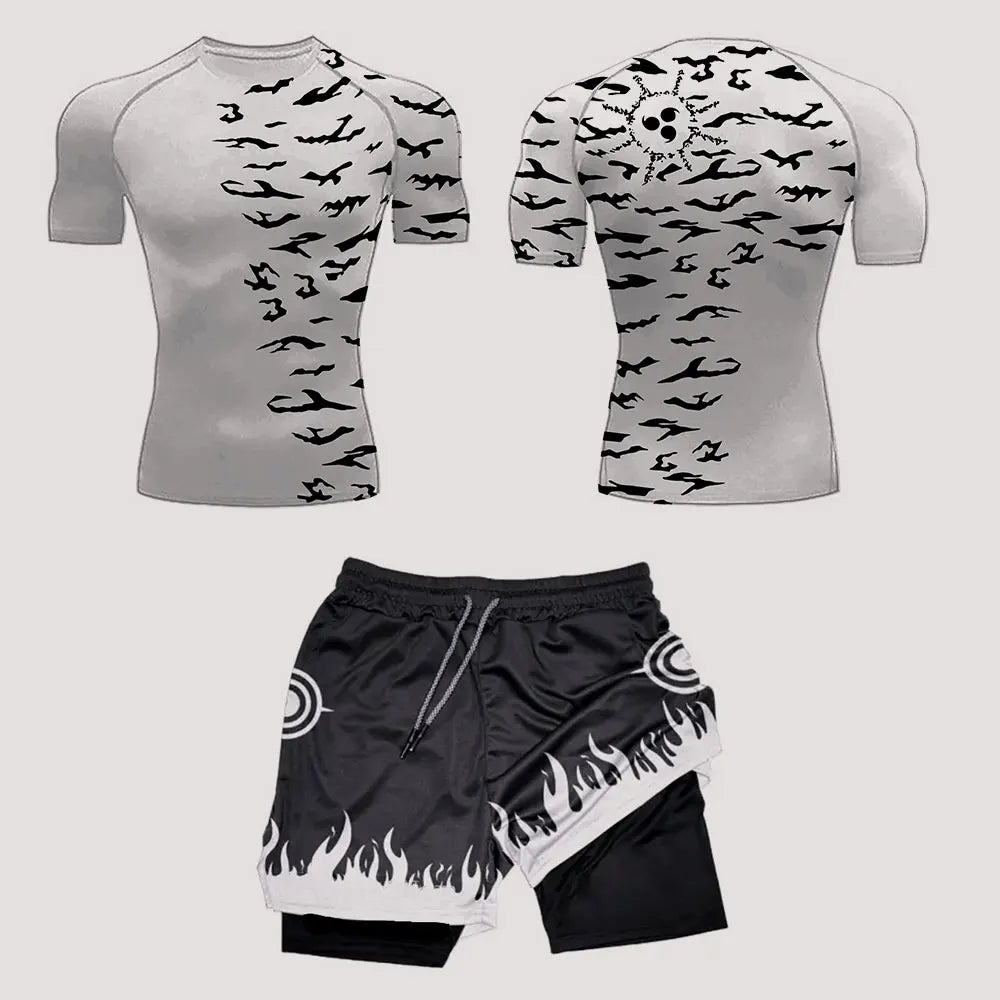Men’s Anime Print Tracksuit – 2-Piece Breathable Sports Set with T-Shirt, Shorts & Joggers