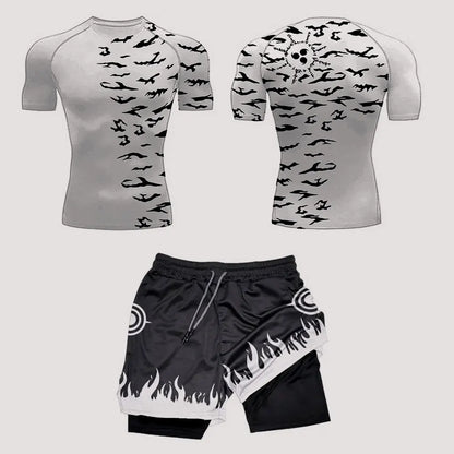 Men’s Anime Print Tracksuit – 2-Piece Breathable Sports Set with T-Shirt, Shorts & Joggers