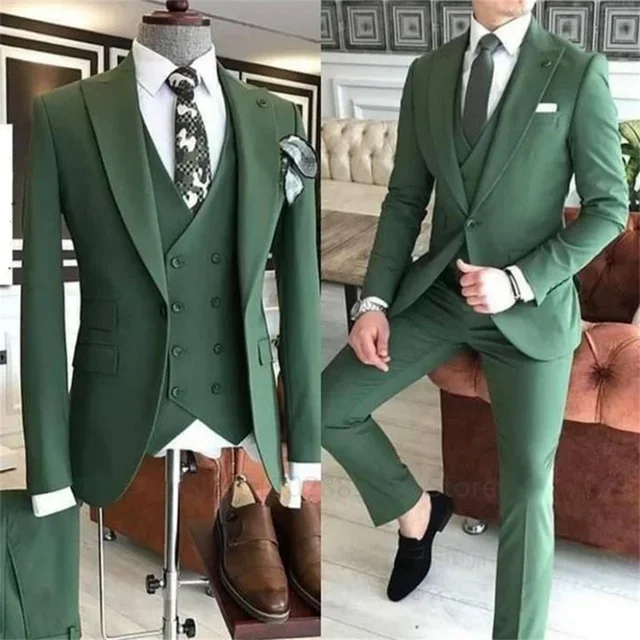 3 Pieces Groom Wear Green Men Suits 2025 Slim Fit Peak Lapel One Button Wedding Tuxedo Terno Masculino (Jacket+Pants+Vest+Tie） - Ellianto fashion Men's