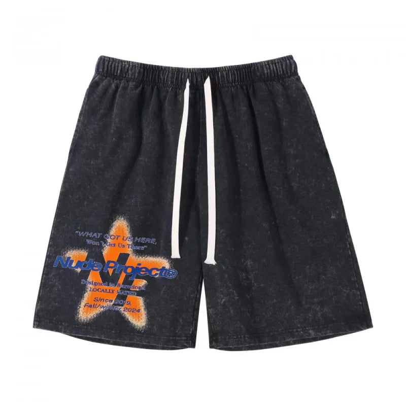 Set Summer Men's Sport Shorts Holiday Sportswear Five Star Print Acid Washed Drawstring Short Retro Old School Wearing Bottoms - Ellianto fashion Men's