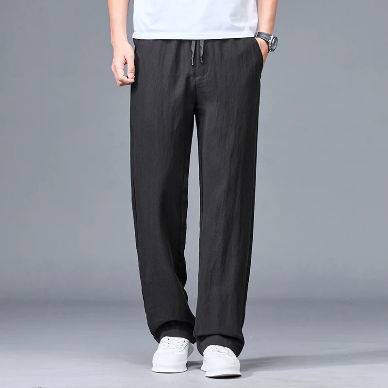Men’s Summer Ice Silk Linen Casual Pants – Lightweight, Breathable Straight-Leg Trousers with Wide-Leg, Drawstring, Baggy Fit, and Elastic Waist for Effortless Comfort
