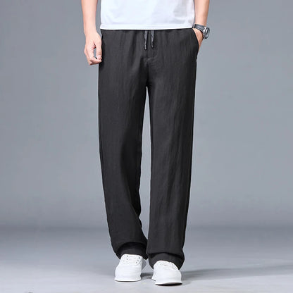 Men’s Summer Ice Silk Linen Casual Pants – Lightweight, Breathable Straight-Leg Trousers with Wide-Leg, Drawstring, Baggy Fit, and Elastic Waist for Effortless Comfort