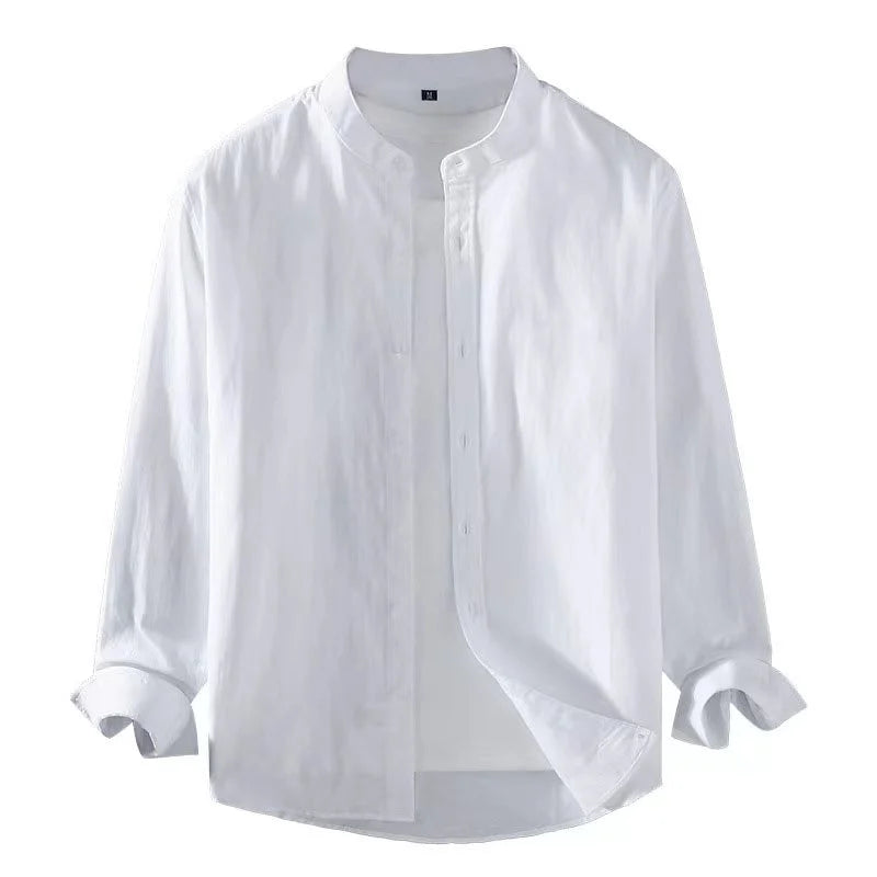 2023 Spring Summer Men's Linen Shirt Pure White Stand Collar Long Sleeve Henley Soft Comfortable Simple Slim Fashion - Ellianto fashion Men's