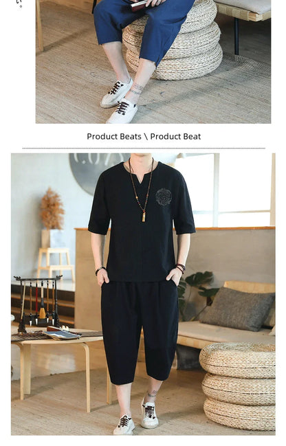 Men's Loose-fit Casual Pants Set Chinese Style Cotton Linen Short Sleeve Shirt Seven-point Shorts Two-piece Suit - Ellianto fashion Men's