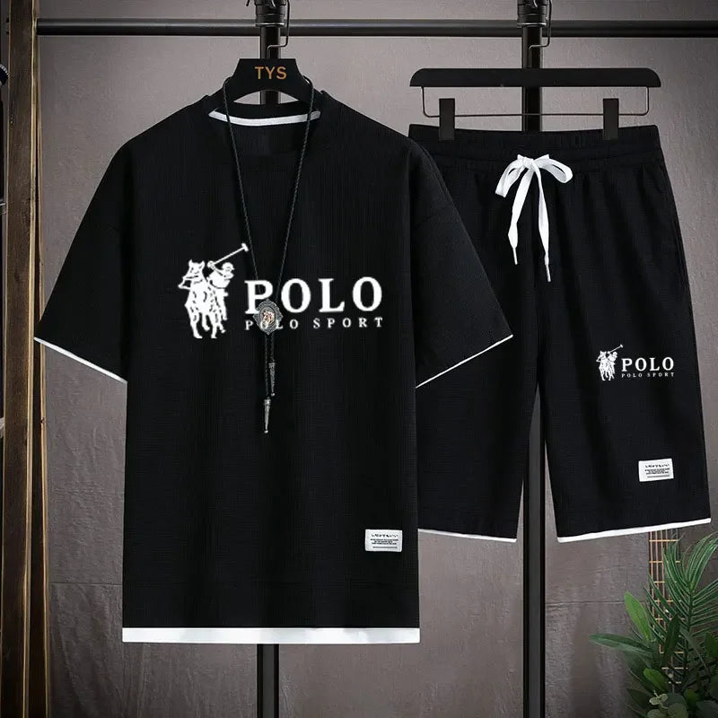 Set In the summer of 2025, a two-piece set of Korean-style men's short-sleeved T-shirt and sports shorts paired with casual sportswe - Ellianto fashion Men's