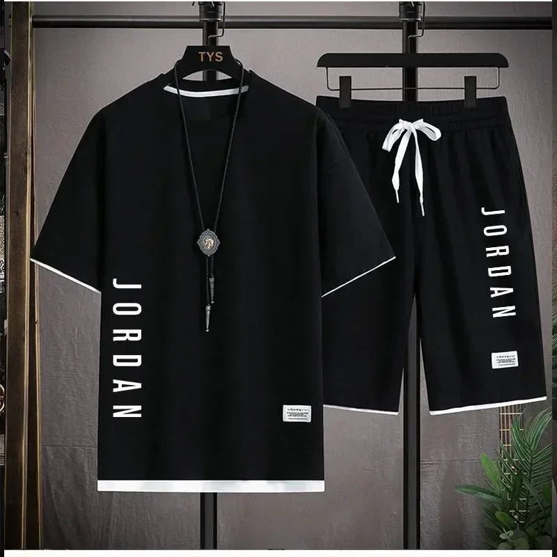 2025 Elegant casual T-shirt and shorts set for men's sports suit loose and comfortable summer waffle set for men - Ellianto fashion Men's