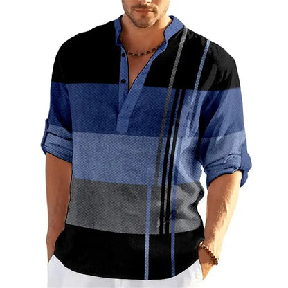 Men's Striped Color Block 3D Print Henley Shirts Fashion Streetwear Stand Collar Long Sleeve Shirt Male Tops Blouse Man Clothing - Ellianto fashion Men's