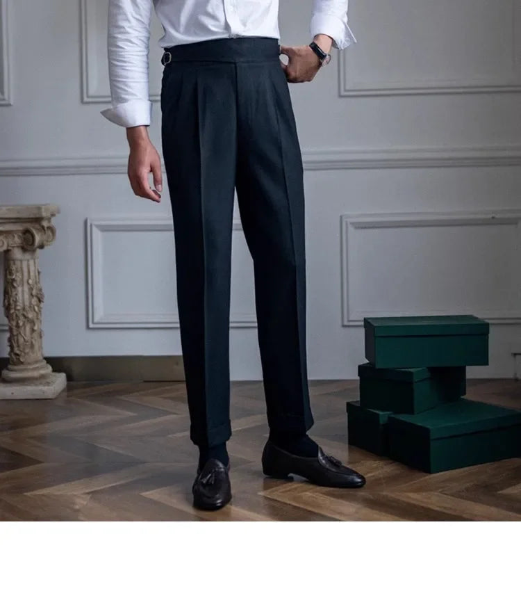 High Waist Straight Leg Casual Men's Trousers Italian Neapolitan Style Versatile Long Pants British Retro Suiting - Ellianto fashion Men's
