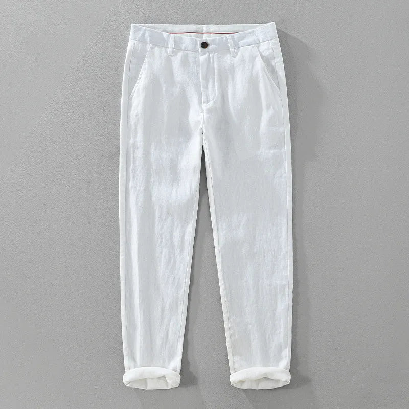 2025 Summer New Casual Pure Linen Slim Pants for Men Clothing Solid Color Slim-fit Straight Trousers EC8175 - Ellianto fashion Men's