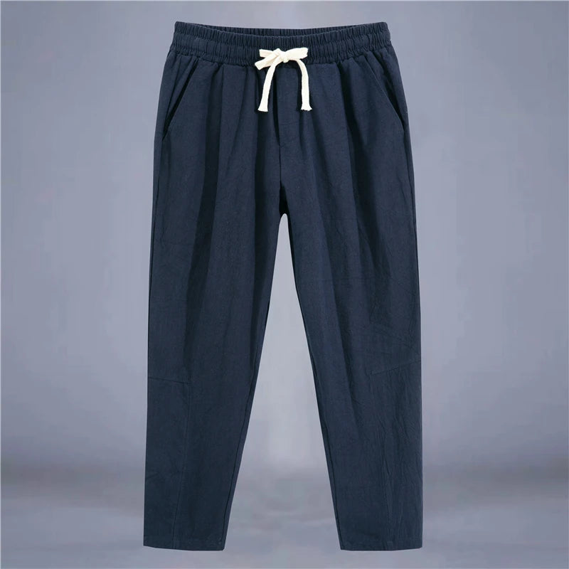 Men's Trousers Cotton Linen Fashion Casual Pants Solid Color Breathable Loose Shorts Straight Drawstring Pants Streetwear Men - Ellianto fashion Men's