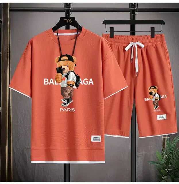 Set The 2025 new summer men's suit jacket short-sleeved oversized T-shirt + outdoor men's jogging casual shorts 2-piece set is sport - Ellianto fashion Men's