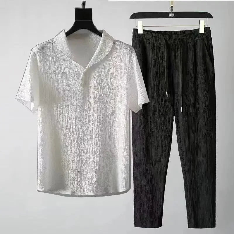 Summer Men's Casual Thin Collar Two-Piece Suit Full Set Fashionable Lightweight Breathable Comfortable Male Clothing Ensemble - Ellianto fashion Men's