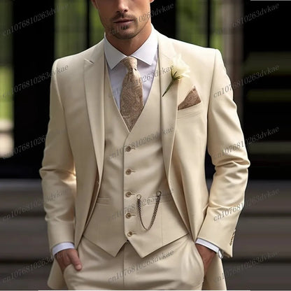 New Beige Business Suit Men Tuxedos Groom Groomsman Prom Wedding Party Formal 3 Piece Set Jacket Vest Pants - Ellianto fashion Men's