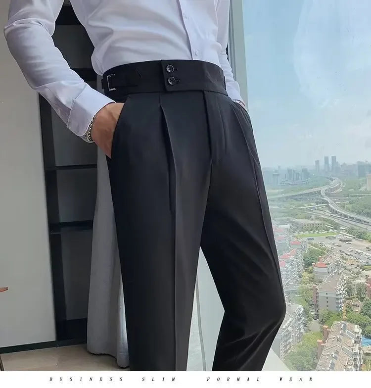 AutumnCasualTrousersMenStraight-LegNarrow-FitHigh-WaistedSlimsBritishStyleSuit Pants BusinessAttire - Ellianto fashion Men's