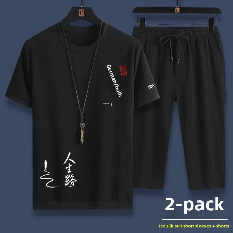 Ice Silk Summer Casual Sports Suit Men's Short Sleeve T-Shirt Shorts Set Fashionable Two-Piece Set for Men Comfortable Breathabl - Ellianto fashion Men's