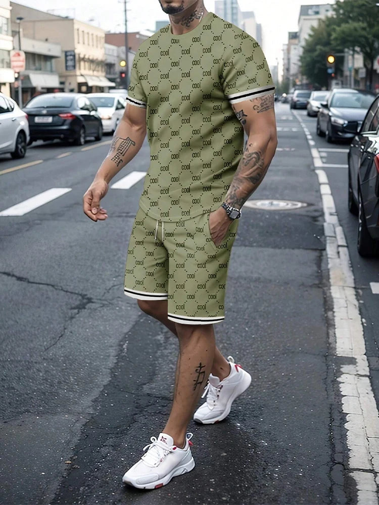 Set Casual Men's Suit Fashion Letter Printed Flower Color Round Neck Short Sleeve Shorts Personalized Trend Two Piece Clothing - Ellianto fashion Men's