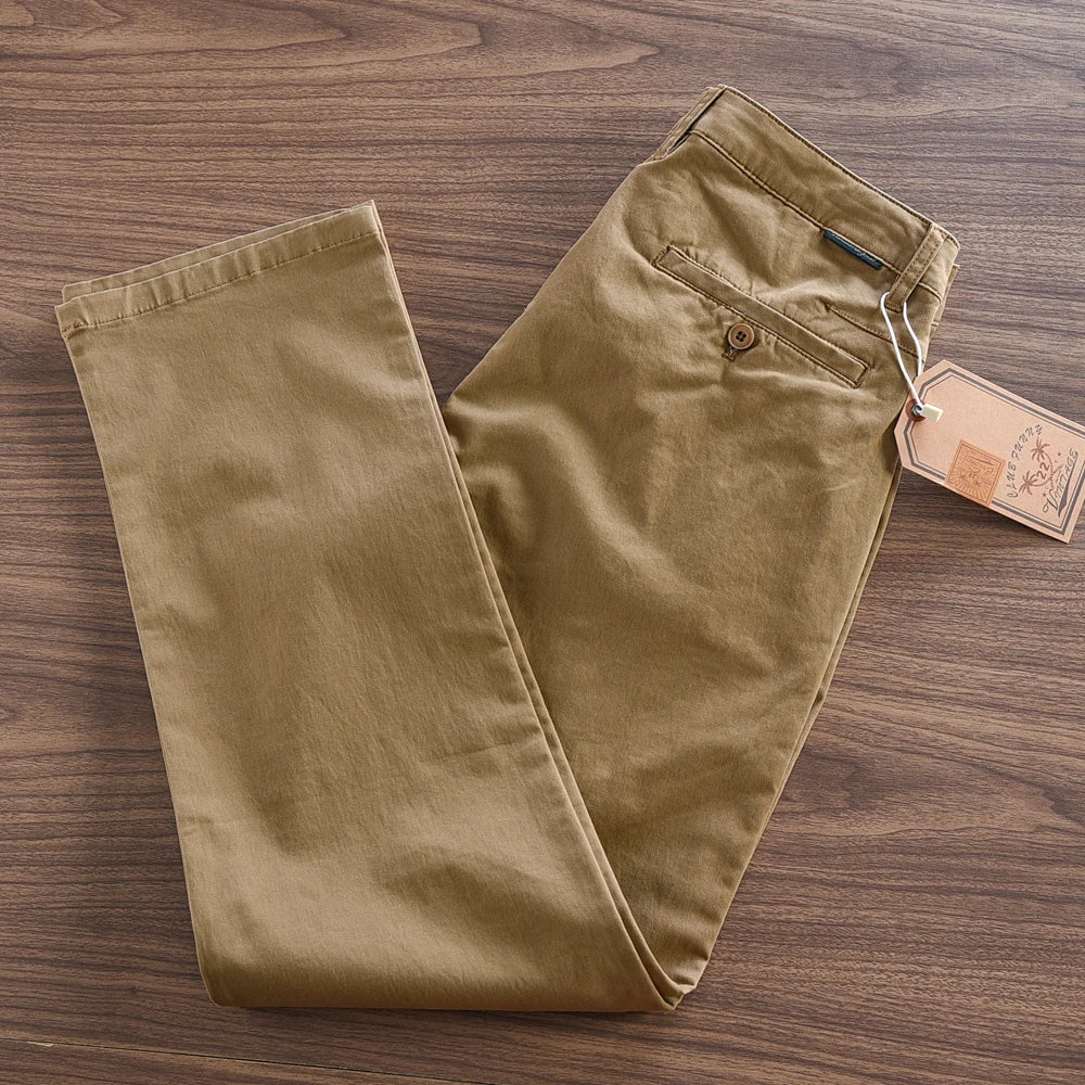 2025 Autumn New American Retro Woven Twill Cargo Pants Men's Simple 97.4% Cotton Washed Micro Elastic Straight Casual Trousers - Ellianto fashion Men's