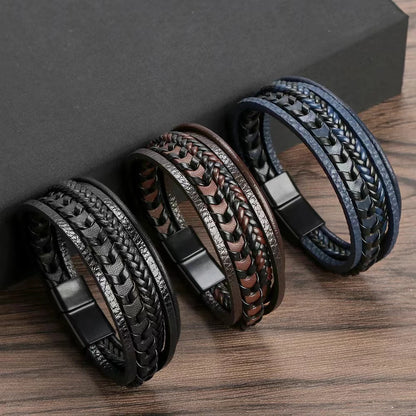 1pc Fashion Accessories MEN'S Multi-layered Vintage Leather Rope Braided Bracelet Alloy Magnetic Buckle Bracelet - Ellianto fashion Men's