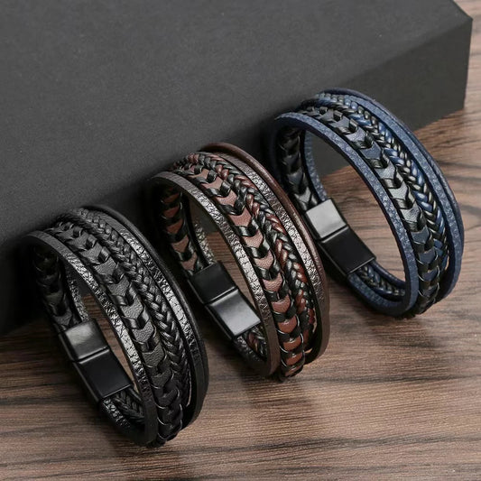 1pc Fashion Accessories MEN'S Multi-layered Vintage Leather Rope Braided Bracelet Alloy Magnetic Buckle Bracelet - Ellianto fashion Men's