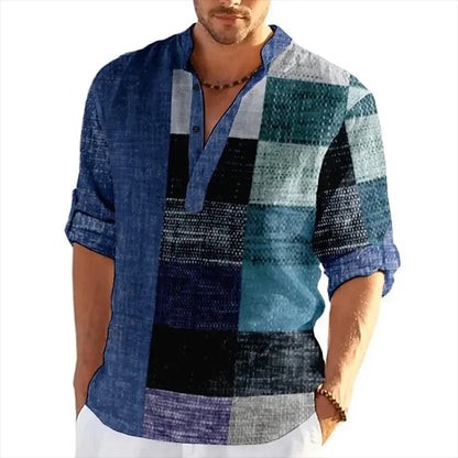 Men's Striped Color Block 3D Print Henley Shirts Fashion Streetwear Stand Collar Long Sleeve Shirt Male Tops Blouse Man Clothing - Ellianto fashion Men's