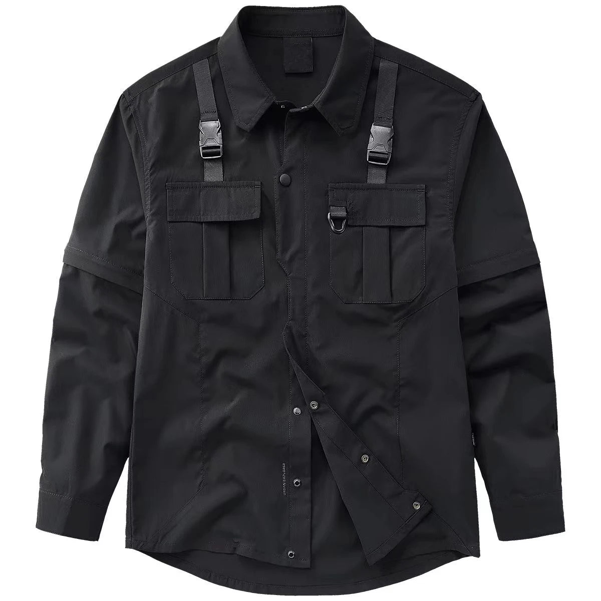 Men's Techwear Button Up Shirt Oversized Streetwear Harajuku Hip Hop Shirts Detachable Sleeve Black Tooling Button Up Blouse - Ellianto fashion Men's