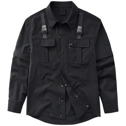 Men's Techwear Button Up Shirt Oversized Streetwear Harajuku Hip Hop Shirts Detachable Sleeve Black Tooling Button Up Blouse - Ellianto fashion Men's