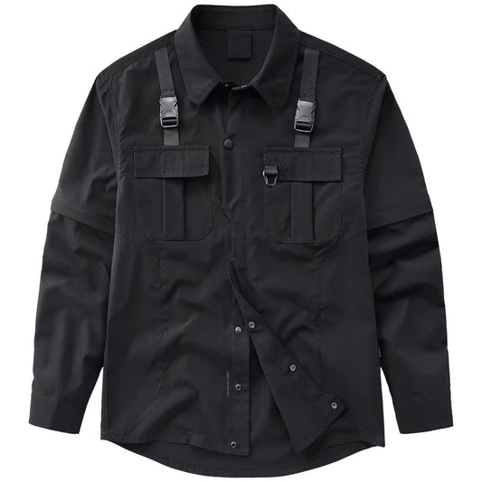 Men's Techwear Button Up Shirt Oversized Streetwear Harajuku Hip Hop Shirts Detachable Sleeve Black Tooling Button Up Blouse - Ellianto fashion Men's