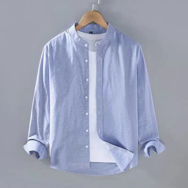 2023 Spring Summer Men's Linen Shirt Pure White Stand Collar Long Sleeve Henley Soft Comfortable Simple Slim Fashion - Ellianto fashion Men's