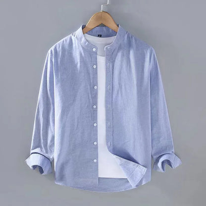 2023 Spring Summer Men's Linen Shirt Pure White Stand Collar Long Sleeve Henley Soft Comfortable Simple Slim Fashion - Ellianto fashion Men's