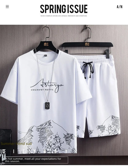 Men’s Ice Silk Gradient Set – Lightweight Short-Sleeve Tee & Casual Shorts for Summer Comfort and Sporty Style