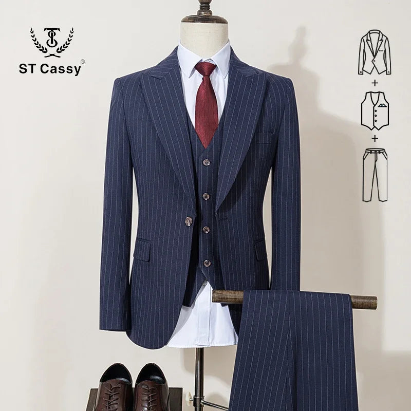 ST Cassy high-quality khaki striped suit slim fit luxurious and elegant men's business suit wedding fashion clothing 3-piece set - Ellianto fashion Men's