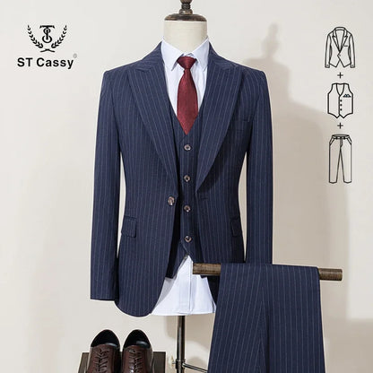 ST Cassy high-quality khaki striped suit slim fit luxurious and elegant men's business suit wedding fashion clothing 3-piece set - Ellianto fashion Men's