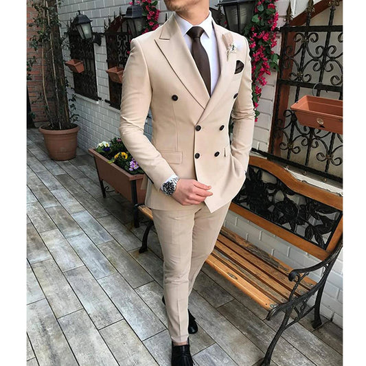 2025 New Beige Men's Suit 2 Pieces Double Breasted Notch Lapel Flat Slim Fit Casual Tuxedos For Wedding(Blazer+Pants)