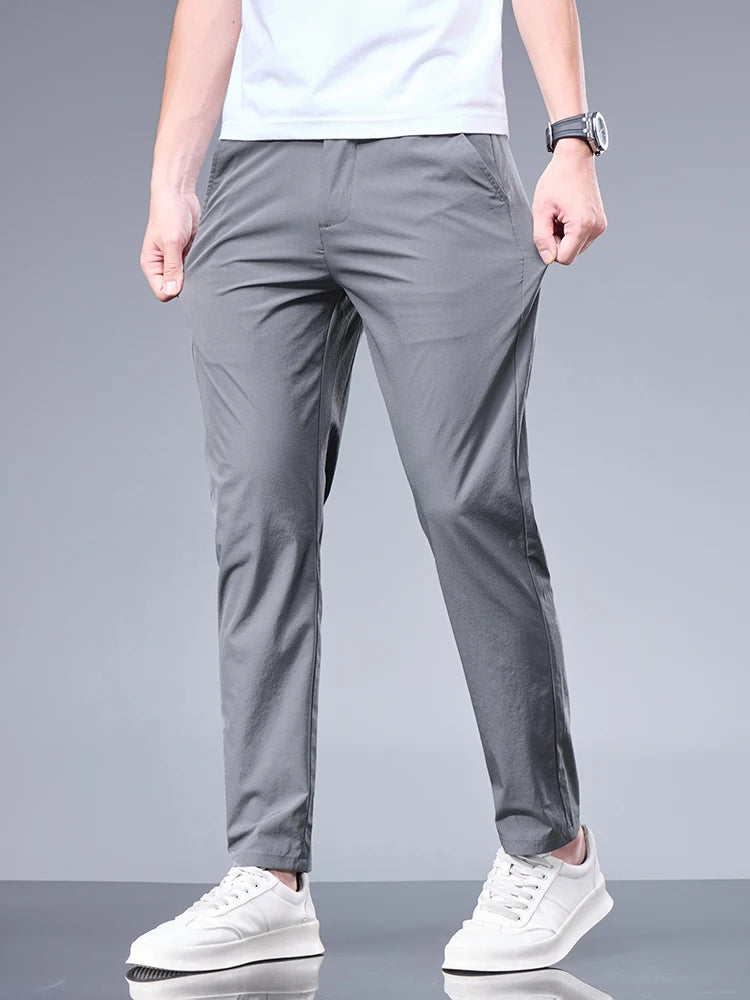 Summer New Business Ice Silk Pants Straight Elastic Waist Black Gray Trousers Breathable Simple Male Clothing Casual Suit Pants - Ellianto fashion Men's