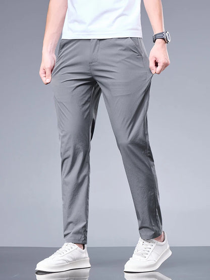 Summer New Business Ice Silk Pants Straight Elastic Waist Black Gray Trousers Breathable Simple Male Clothing Casual Suit Pants - Ellianto fashion Men's
