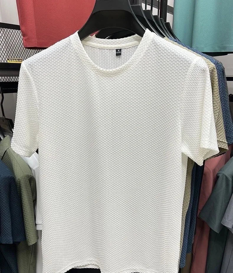 Men's Ice Silk T-Shirt Short Sleeve Lightweight Breathable Comfortable Cool Feeling Casual Trendy Summer Elastic Slim Fit - Ellianto fashion Men's