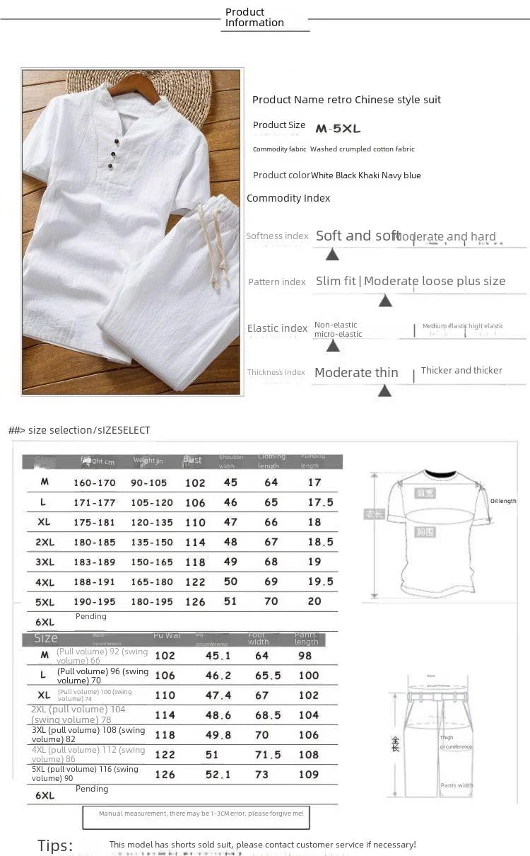 Linen Suit Men's Summer Short Sleeve Hanfu Ancient Buddhist System Zhenshi V-neck T-shirt Cotton Linen 2-piece Set - Ellianto fashion Men's