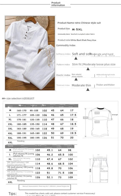 Linen Suit Men's Summer Short Sleeve Hanfu Ancient Buddhist System Zhenshi V-neck T-shirt Cotton Linen 2-piece Set - Ellianto fashion Men's