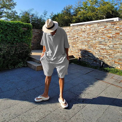 Set 2025 Summer New Fashion Suit Men's High Quality Heavy Terry Cloth Lapel Short-sleeved Shirt Shorts Two-piece Casual Men's Wear - Ellianto fashion Men's