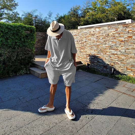 Set 2025 Summer New Fashion Suit Men's High Quality Heavy Terry Cloth Lapel Short-sleeved Shirt Shorts Two-piece Casual Men's Wear - Ellianto fashion Men's