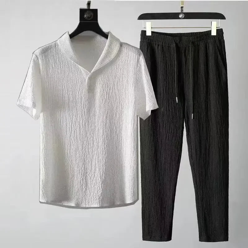 Summer Ultra-thin Five-piece Ice Silk Linen Suit Men's Cotton Linen 2-piece Set Loose-fit Mid-sleeve T-shirt Sports Wear - Ellianto fashion Men's