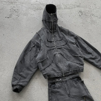 Y2K Denim Jacket American Splicing Style Gothic Vintage Trend Unisex Streetwear Punk High Street Oversized Leisure Zip Up Hoodie