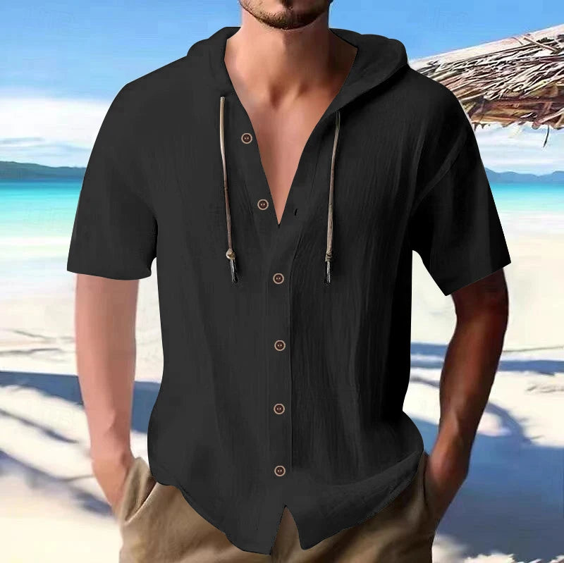 Cross-border men's solid color casual short-sleeved shirt with hooded drawstring cotton hemp cardigan with loose T-shirt - Ellianto fashion Men's
