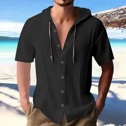 Cross-border men's solid color casual short-sleeved shirt with hooded drawstring cotton hemp cardigan with loose T-shirt - Ellianto fashion Men's