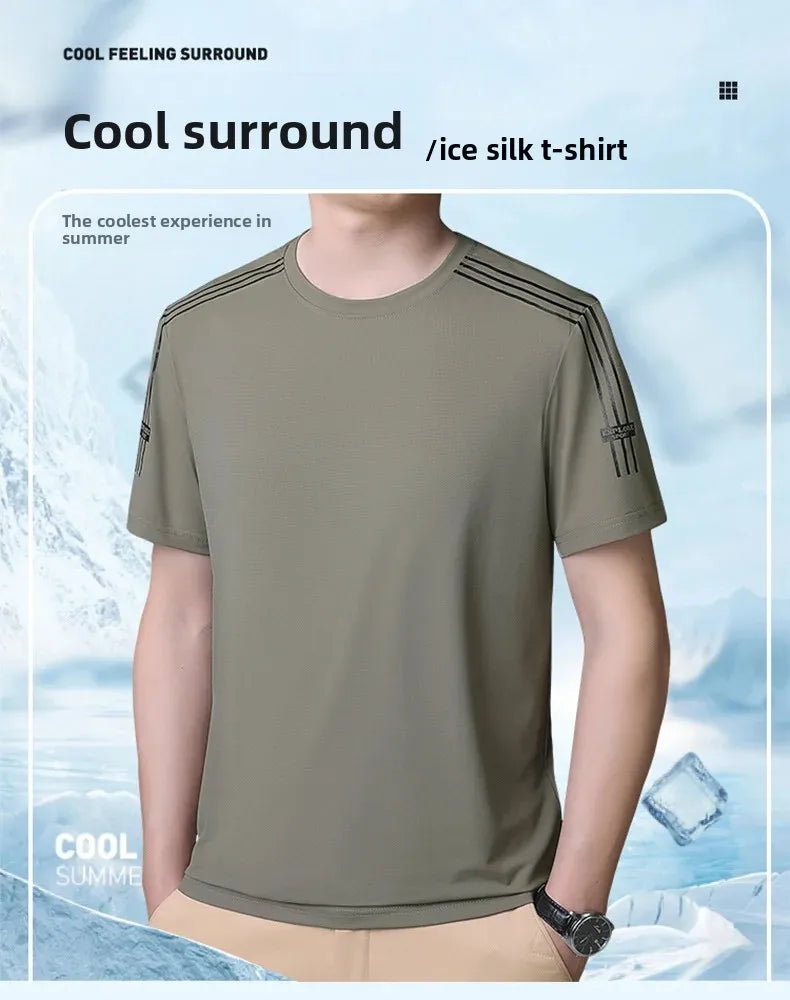 Summer Printed Ice Silk Men's T-shirt Sport Casual Running Fitness Breathable Short Sleeve Large Size Quick Dry Top - Ellianto fashion Men's