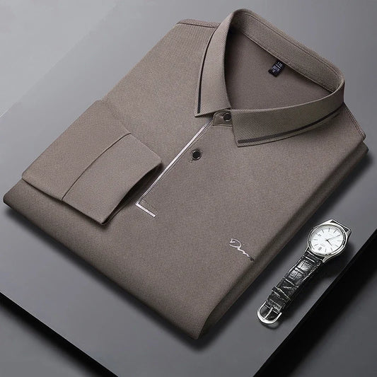 New Men's Business Casual Long Sleeved Shirt with Badge Solid Color Polo Shirt Fashionable Breathable Comfortable Versatile Top - Ellianto fashion Men's