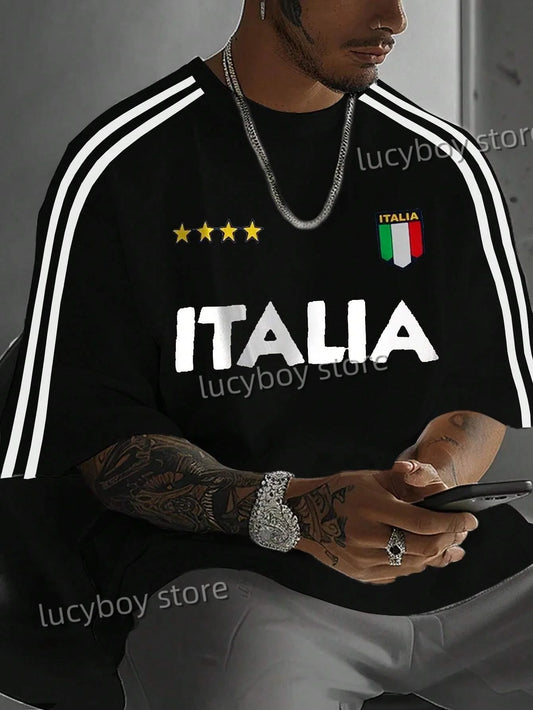 Set Premium Mens Casual 3D Letter ITALLA Print T-Shirt Man Short Sleeve Sportwear Football T-Shirt Vintage Oversize Striped Tees Men Clothes - Ellianto fashion Men's