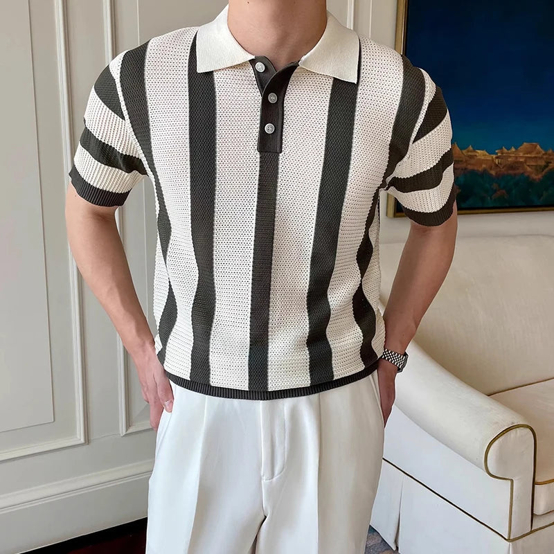 Stylish Mens Slim Short Sleeve Polo Shirts Knitting Striped Contrast Color Polo T Shirt For Men Summer New Casual Buttoned Polos - Ellianto fashion Men's