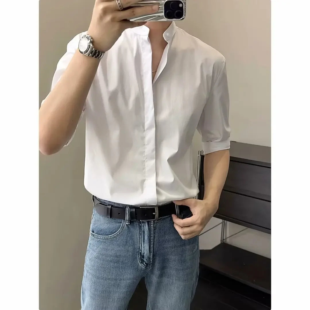 Summer Stand-Collar Ice Silk Shirt – Lightweight, Smooth Fit for Effortless Style and Cool Confidence